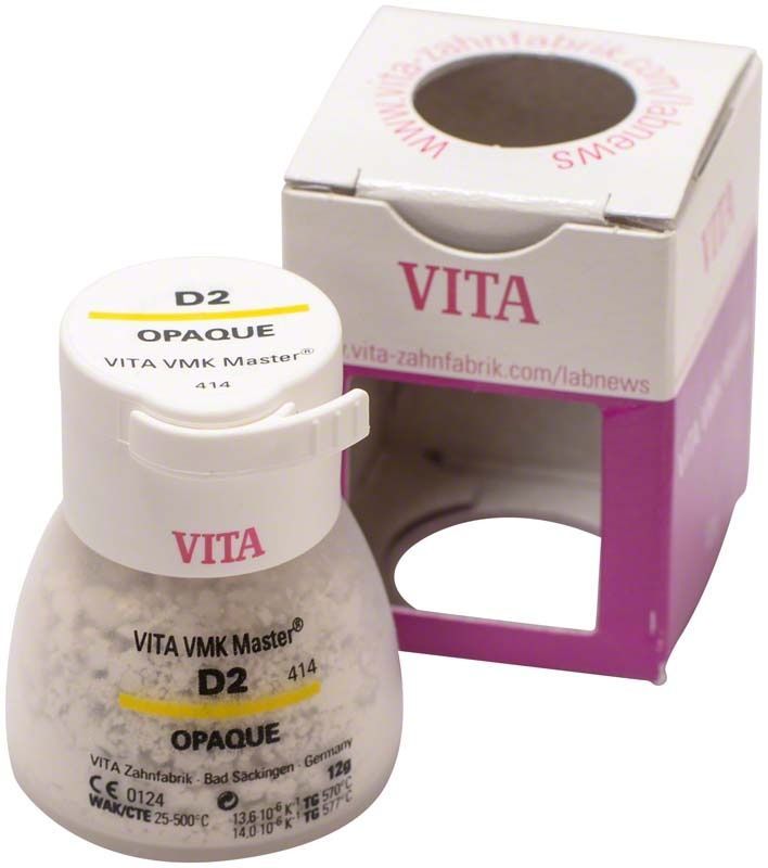 VMK Master Opaque D2 Zahnmaterial in 12g Dose mit Verpackung.