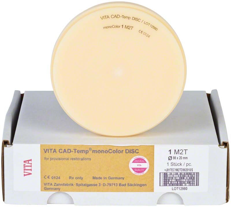 VITA CAD-Temp® monoColor DISC 1M2T auf Verpackung für provisorische Restaurationen.