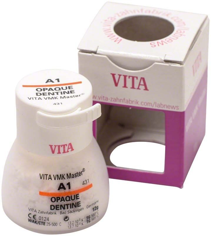 VITA VMK Master Opaque Dentine A1, 12g Dose und Verpackung.