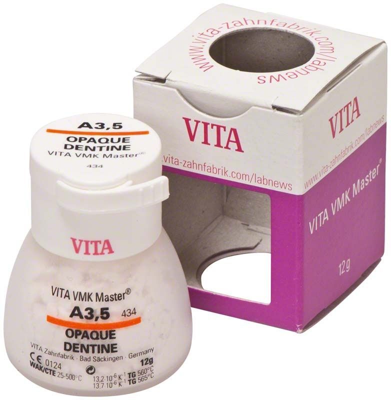 VMK Master Opaque Dentine A3,5 12g mit Verpackung im Hintergrund.