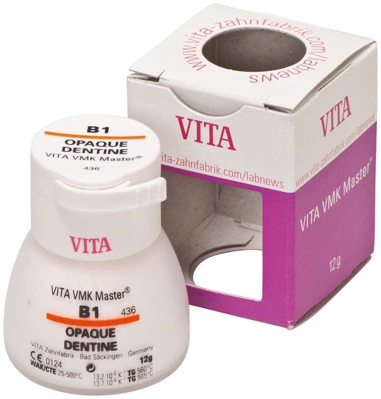 VMK Master Opaque Dentine B1, 12g, in weißem Behälter mit Verpackung.