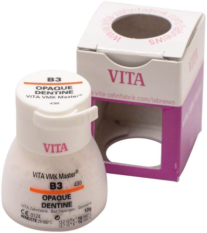 VMK Master Opaque Dentine B3, 12g, mit Verpackung im Hintergrund.