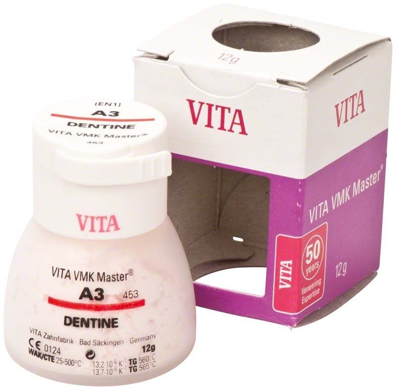 VITA VMK Master Dentine A3, 12g im weißen Behälter mit Verpackung.