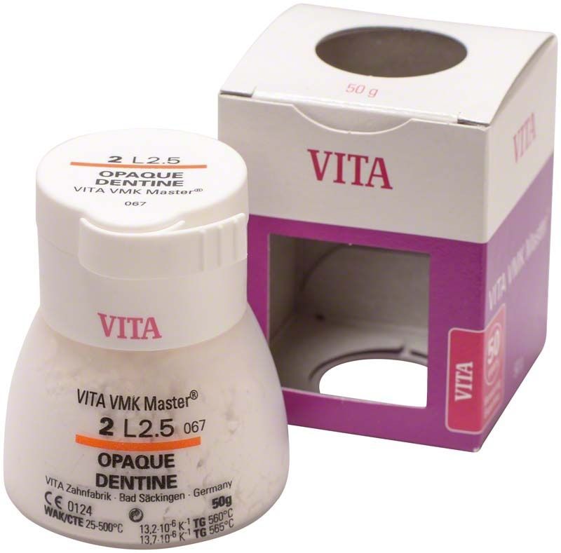 VMK Master 3D Opaque Dentine 50g 2L2.5 in weißem Behälter mit Verpackung.