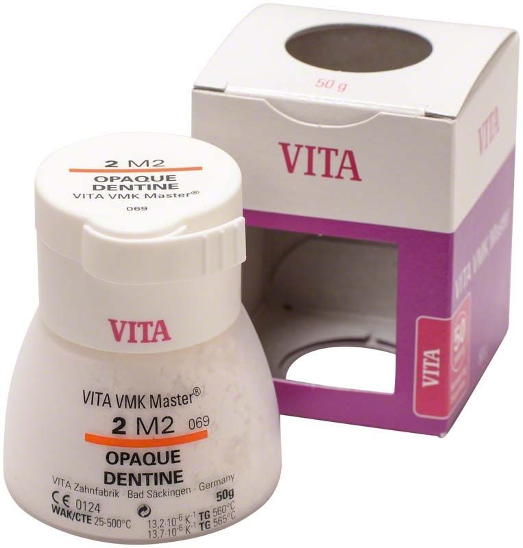 VMK Master 3D Opaque Dentine 50g 2M2 in weißem Behälter mit Verpackung.