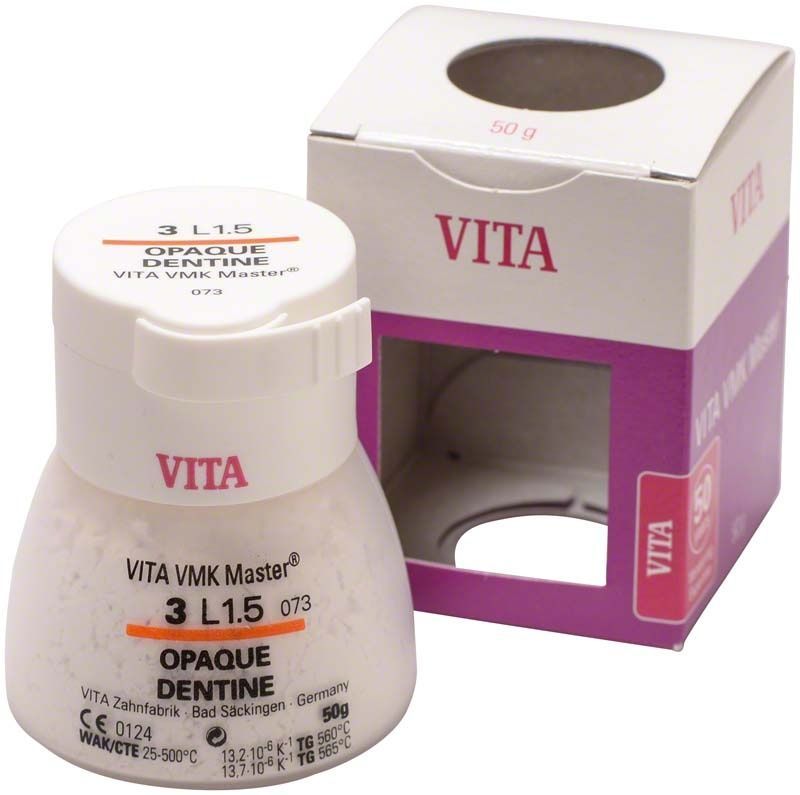 VMK Master 3D Opaque Dentine 50g 3L1.5 in weißer Verpackung mit VITA-Logo.