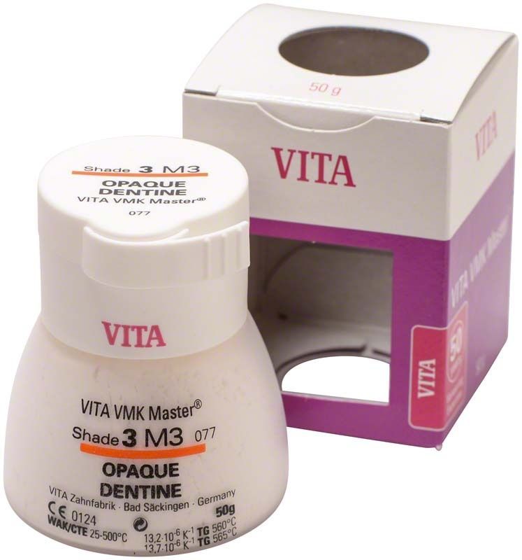 VMK Master 3D Opaque Dentine 50g 3M3 in Verpackung mit rosa Akzenten.
