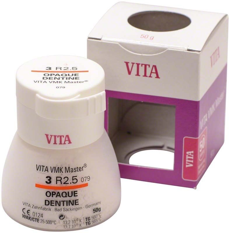 VMK Master 3D Opaque Dentine 50g, Verpackung und Tiegel.