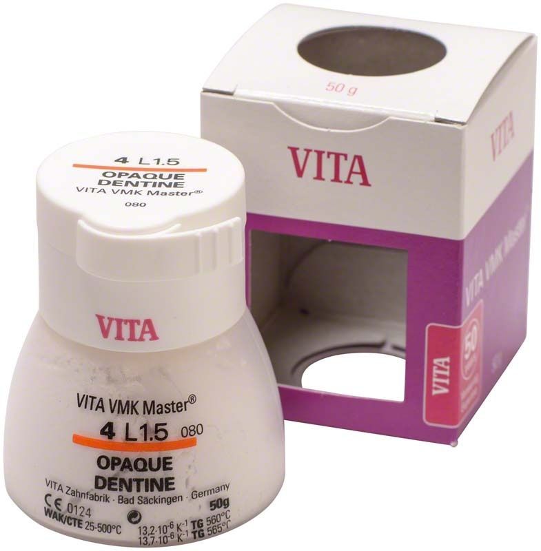 VMK Master 3D Opaque Dentine 50g 4L1.5 in weißem Kunststoffbehälter mit Verpackung.