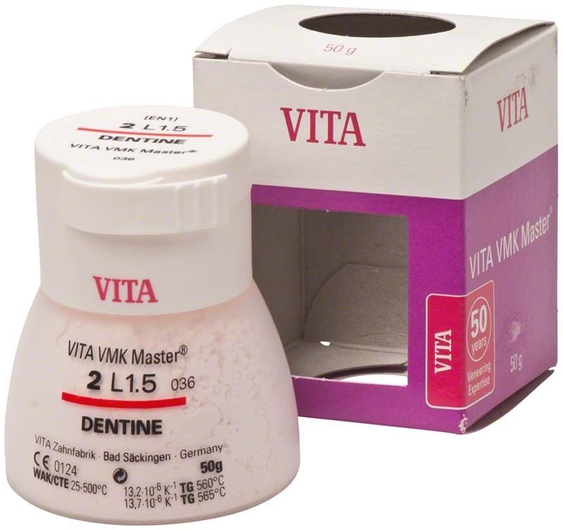 VMK Master 3D Dentine 50g 2L1.5 mit Verpackung und Produktname.