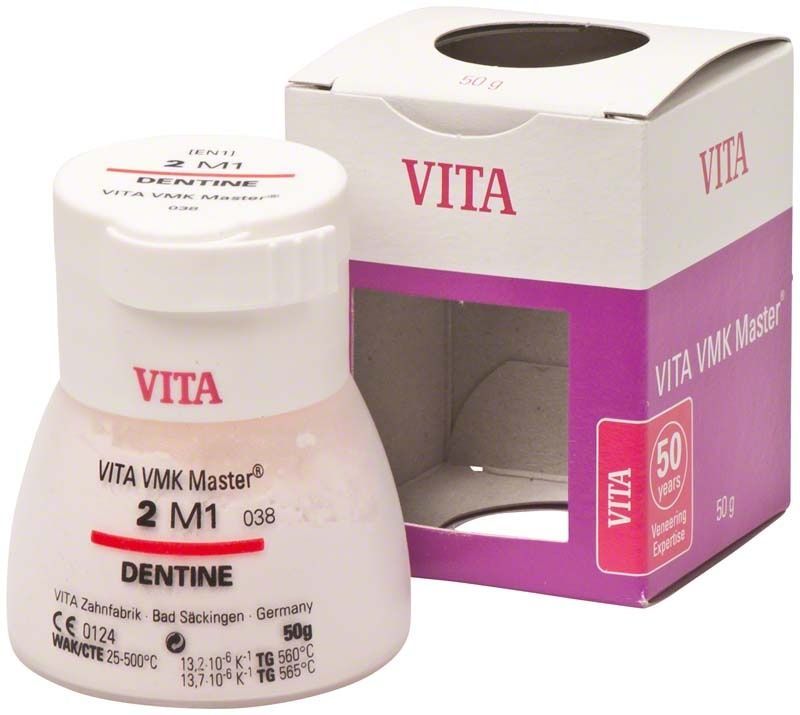 VITA VMK Master 3D Dentine 50g 2M1 Zahnpulver im Glasbehälter mit Verpackung.