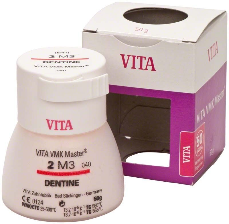 VMK Master 3D Dentine 50g 2M3 Zahnersatzpulver vor Verpackung.