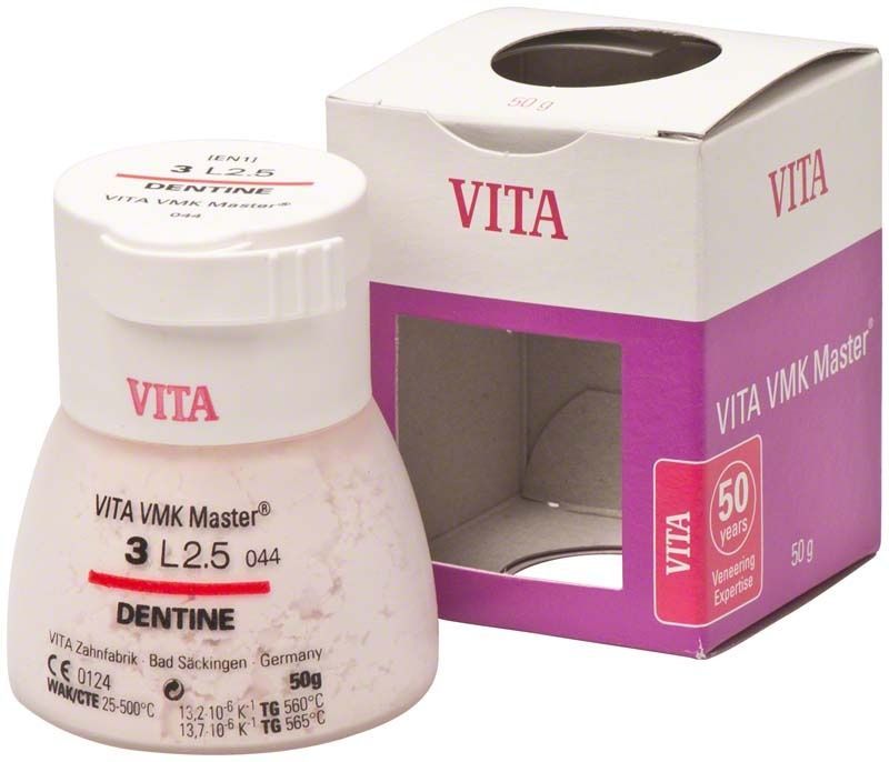 VITA VMK Master Dentine 50g 3L2.5 mit Verpackung im Hintergrund