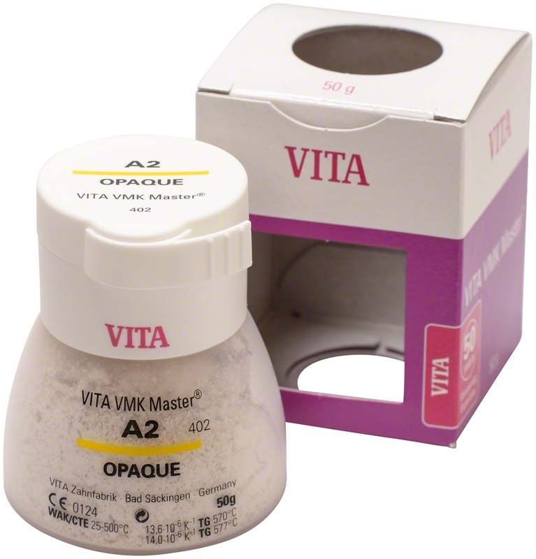 VMK Master Opaque 50g A2 Zahnersatzmaterial in weißem Behälter mit Verpackung.