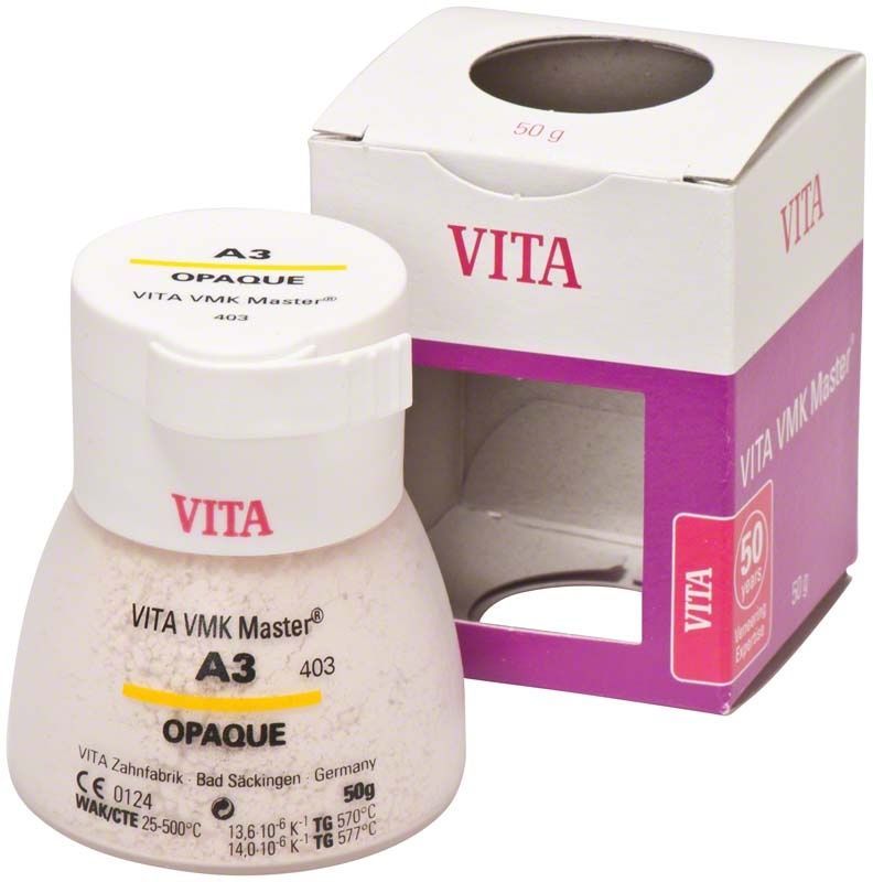 VITA VMK Master Opaque A3 Keramikpulver mit Verpackung im Hintergrund.
