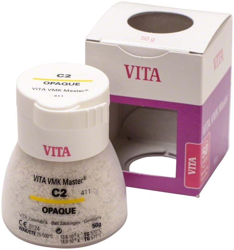 VMK Master Opaque 50g C2 Zahnmassenbehälter vor Verpackung.
