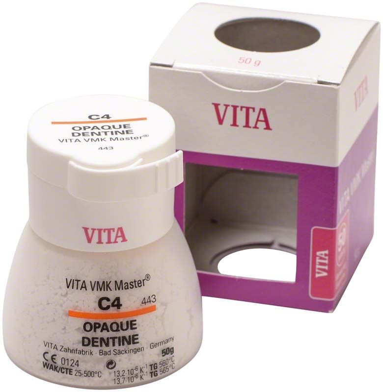 VMK Master Opaque Dentine 50g C4 mit Verpackung im Hintergrund