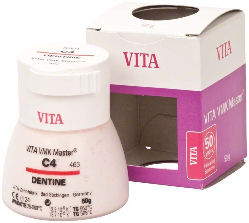 VITA VMK Master Dentine C4 50g mit Verpackung im Hintergrund.