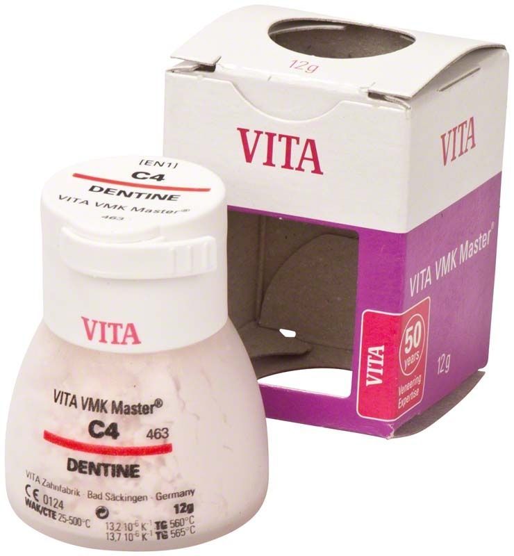 VITA VMK Master Dentine C4, 12g Dose und Verpackung in Rosa und Weiß.