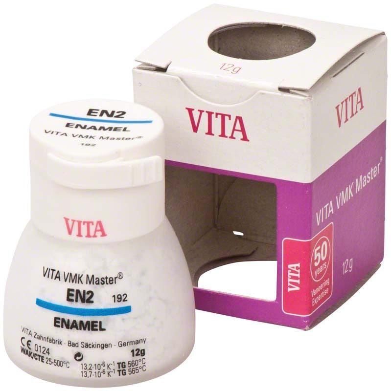 VITA VMK Master EN2 Zahnschmelz 12g mit Verpackung im Hintergrund