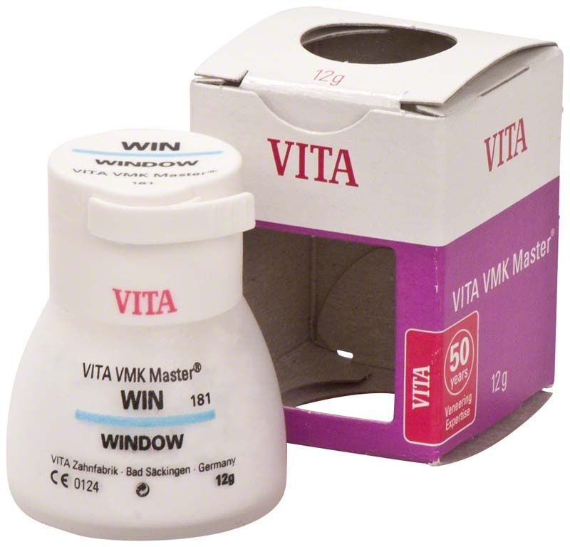 VITA VMK Master Window WIN 12g Pulver neben geöffneter Verpackung.