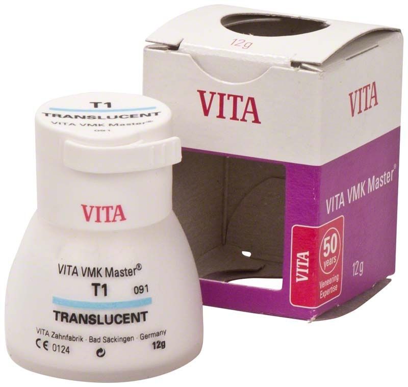 VITA VMK Master® TRANSLUCENT T1 Pulver 12g neben geöffneter Verpackung.