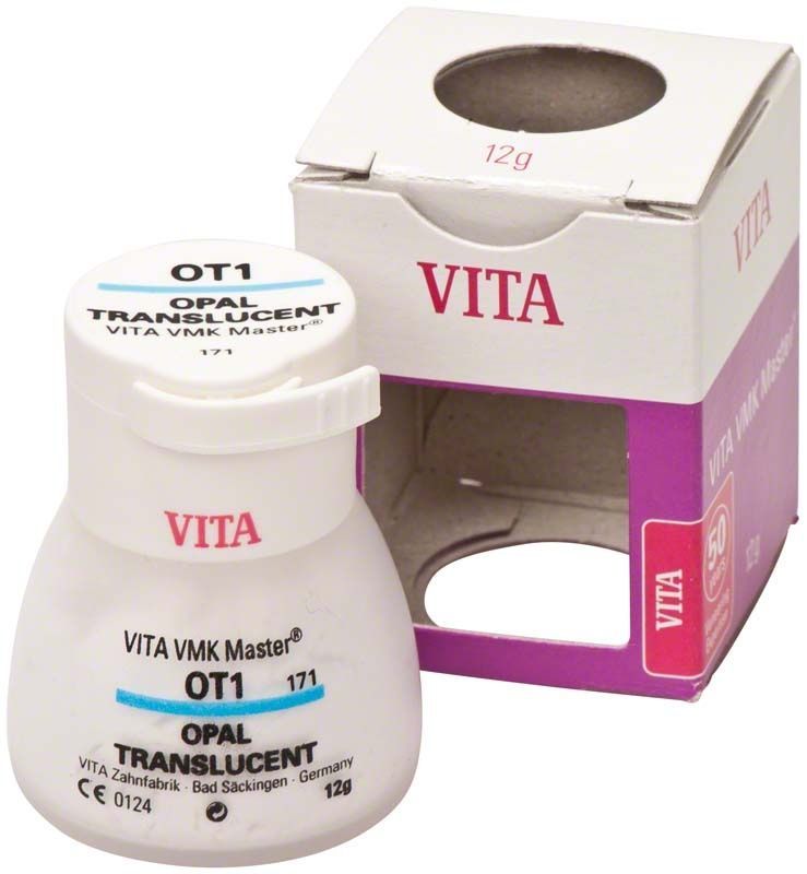 VMK Master Opal Translucent OT1 Zahnmaterial in weißer Verpackung.