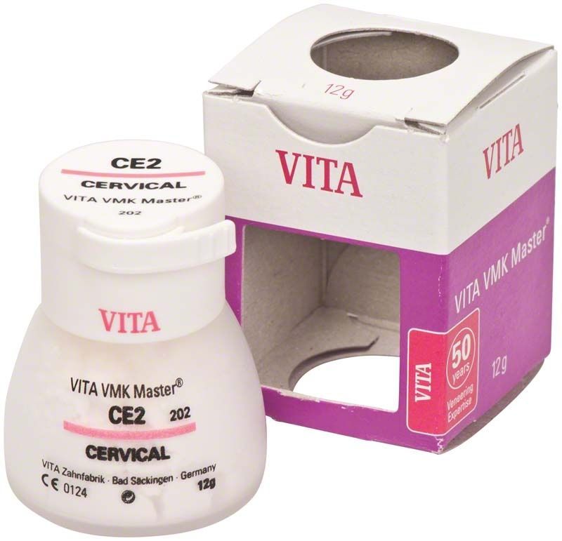 Keramisches Restaurationsmaterial VMK Master Cervical CE2 mit Verpackung.