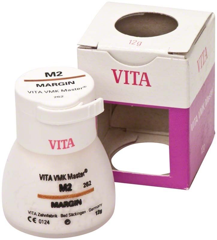 Keramikpulver VITA VMK Master Margin M2 in weißem Tiegel mit Verpackung.