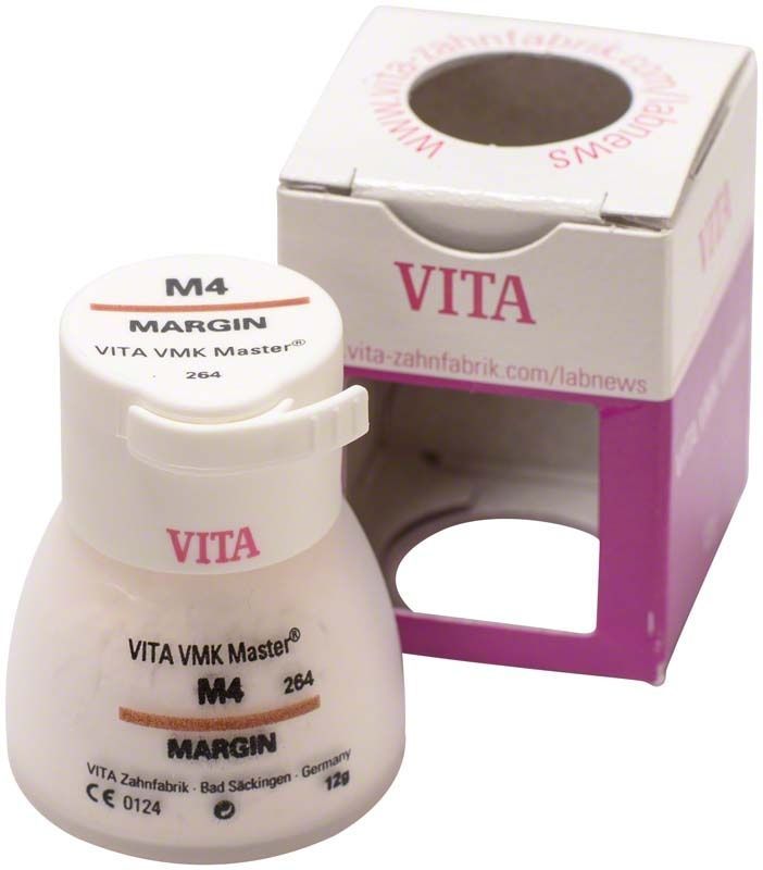 VMK Master Margin M4 Zahnkeramikpulver mit Verpackung im Hintergrund.