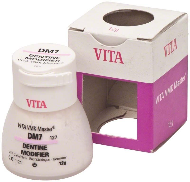 VMK Master Dentin Modifier DM7 in weißem Behälter mit Verpackung.