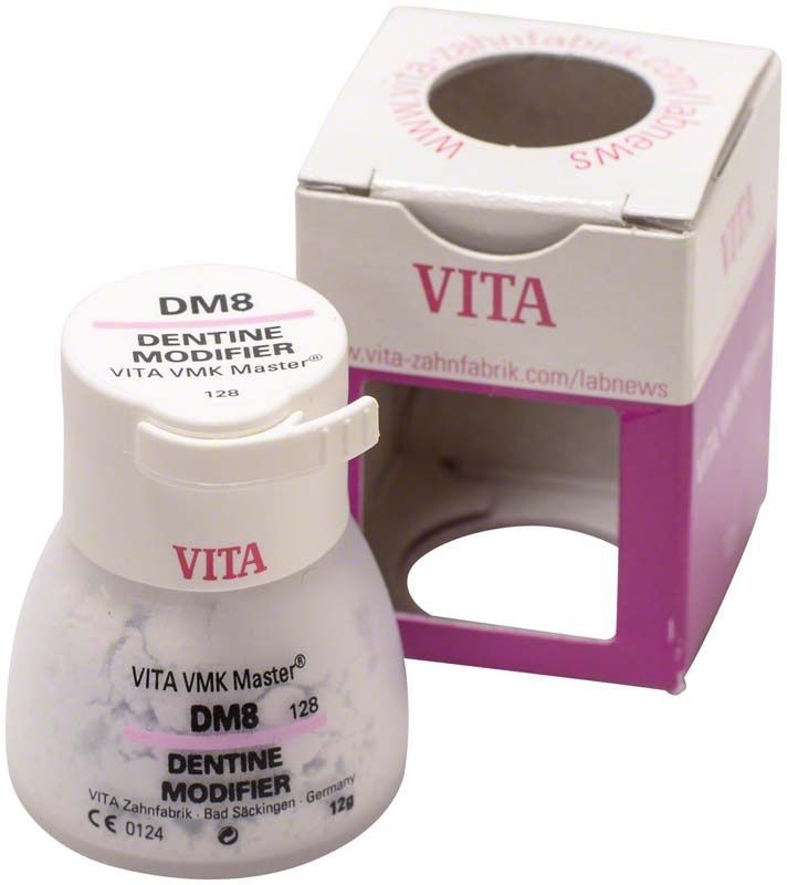 VITA VMK Master Dentin Modifier DM8 in weißem Behälter mit Verpackung.