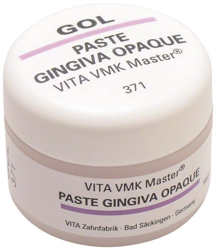 VMK Master Gingiva Opaque Paste GOL in weißem Kunststoffbehälter mit Aufschrift.