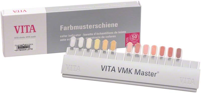 Farbmusterschiene VITA VMK Master MARGIN / GINGIVA mit verschiedenen Farbmusterproben.