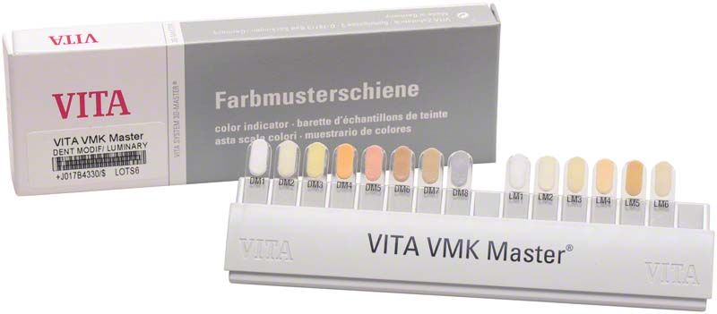 Farbmusterschiene VITA VMK Master Dentine Modifier/Luminary mit verschiedenen Zahnfarbmuster.