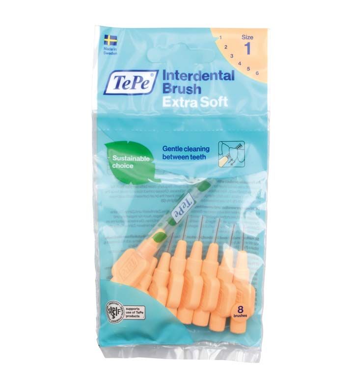 TePe Interdentalbürsten Extra Soft in hellroter Verpackung, Größe 1, 8 Stück.