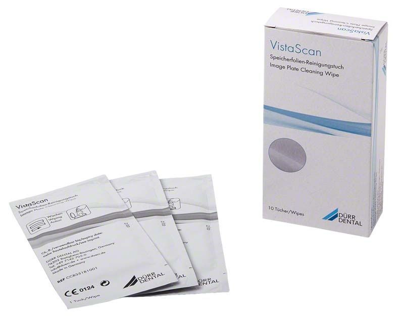 Dürr Dental Speicherfolien-Reinigungstücher und Verpackung mit 10 Tüchern.