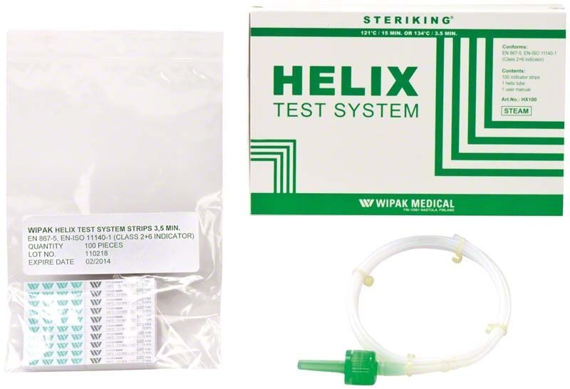 Helix Test System HX 100 mit Verpackung und Teststreifen.