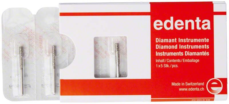 Verpackung von Diamant FG 837L 018 mit zwei Instrumenten in Blisterpackung.