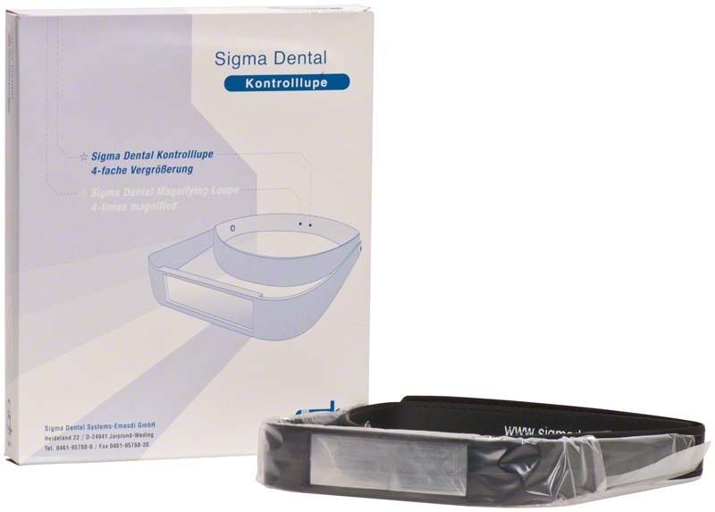 Sigma Dental Kontrolllupe Standard mit Verpackung und Klettverschluss.