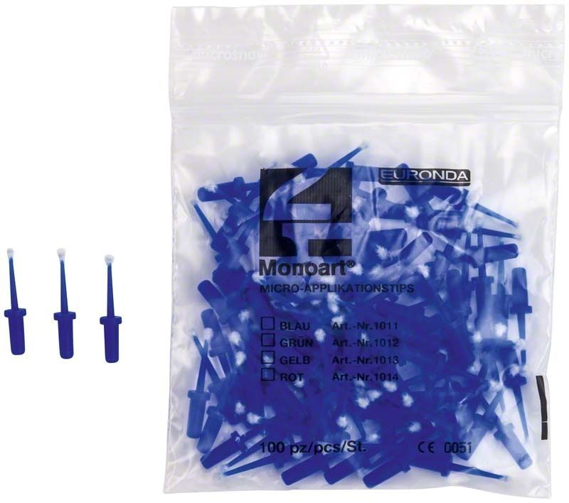 Monoart Applikationstips blau in transparenter Verpackung mit Produktinformationen.