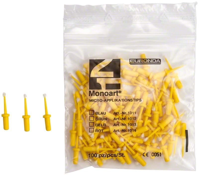 Gelbe Monoart Applikationstips von Euronda in transparenter Verpackung.