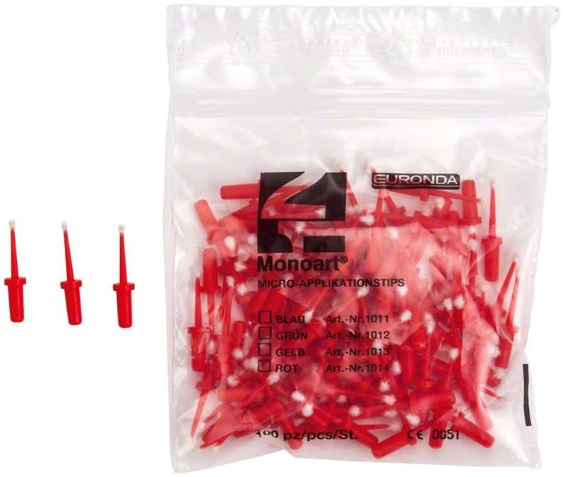 Monoart Applikationstips rot in wiederverschließbarem Beutel mit drei Einzelstücken.