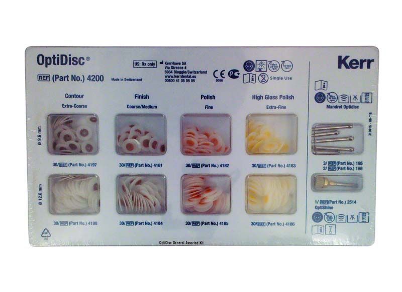 OptiDisc General Kit mit verschiedenen Polierscheiben für Zahntechnik.