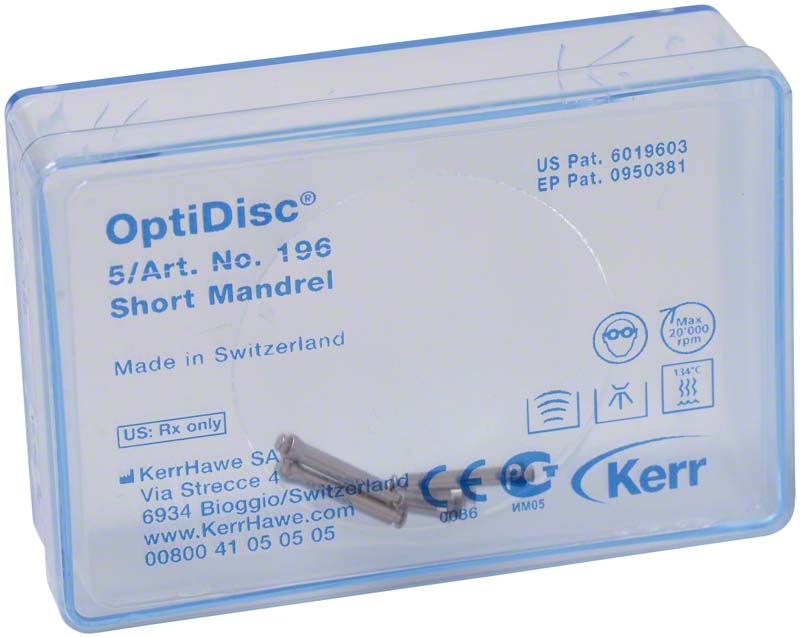 OptiDisc™ Kurzes Mandrell in transparenter Kunststoffverpackung mit blauer Aufschrift.