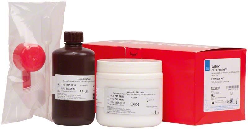 astron® CLEARsplint® Set mit Pulver, Flüssigkeit und roter Verpackung.