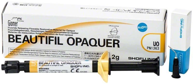 BEAUTIFIL Opaker UO Flowkomposit mit Verpackung und Spritze.