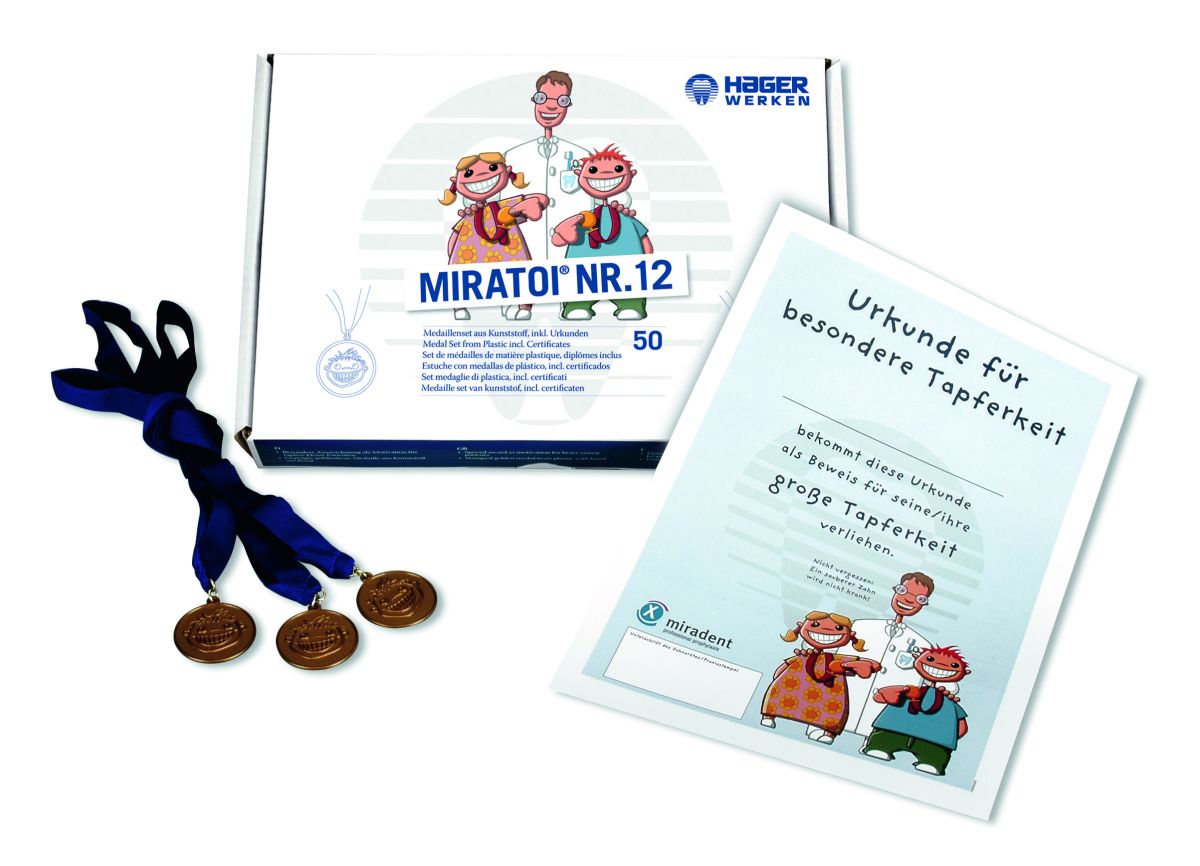 Miratoi® Nr. 12 Medaillenset mit Medaillen, Zertifikat und Verpackung.