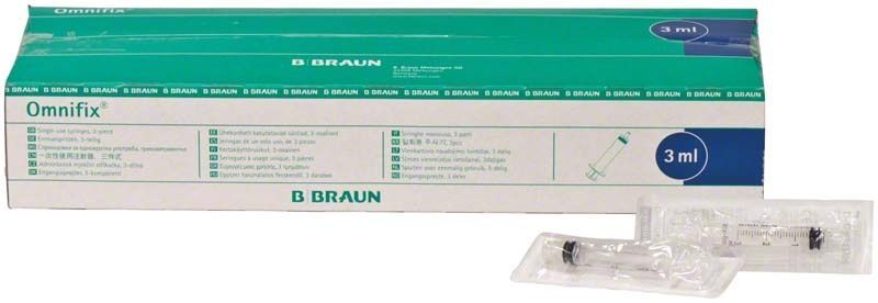 Omnifix Luer-Lock Einmalspritzen 3ml mit Verpackung von B. Braun.
