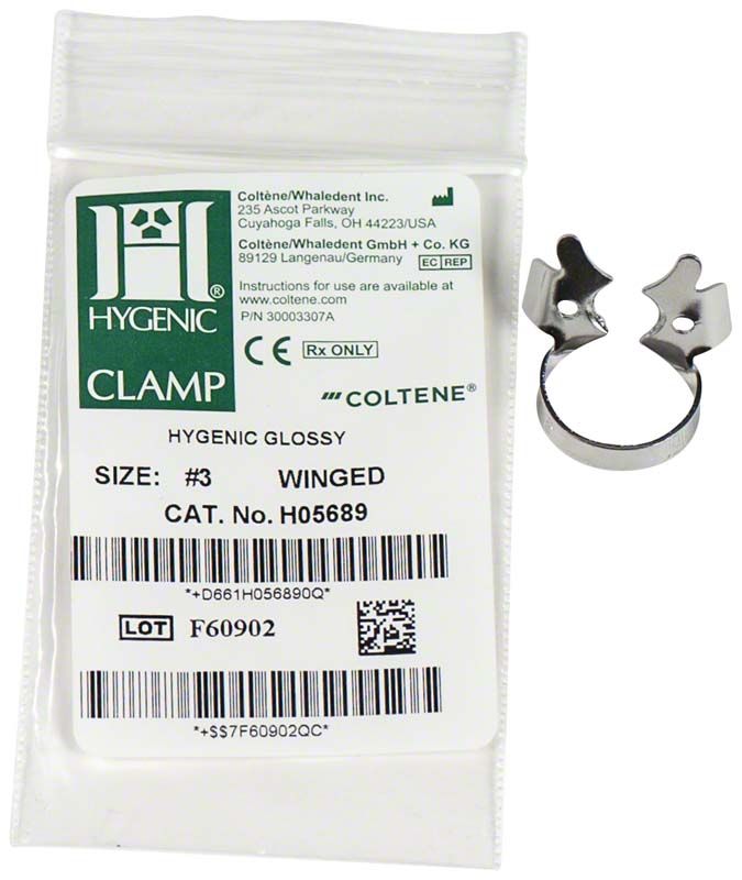 HYGENIC® Flügelklammer Nr.3 für kleine Molaren neben Verpackung.